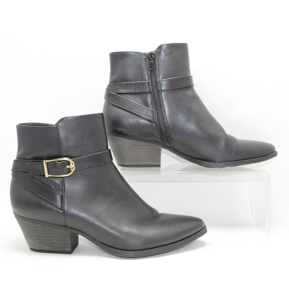 LifeStride Roxanne Black Buckle Ankle Boots Pointed Toe Block Heel Womens 8.5M